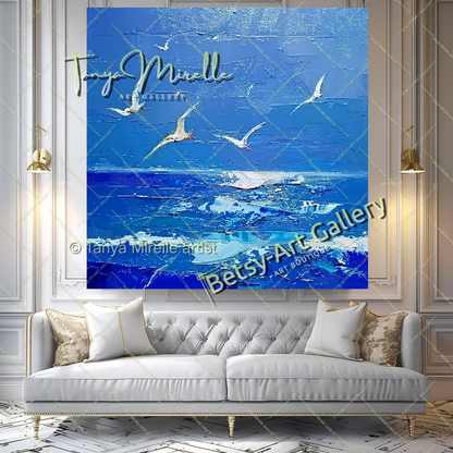 Blue Seascape Painting – Large Impasto Artwork for Home or Office