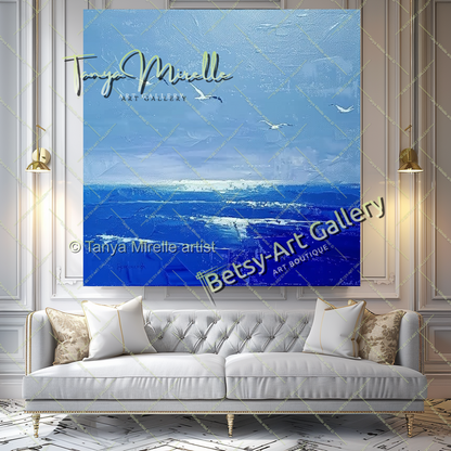 Blue Seascape Painting – Large Impasto Artwork for Home or Office