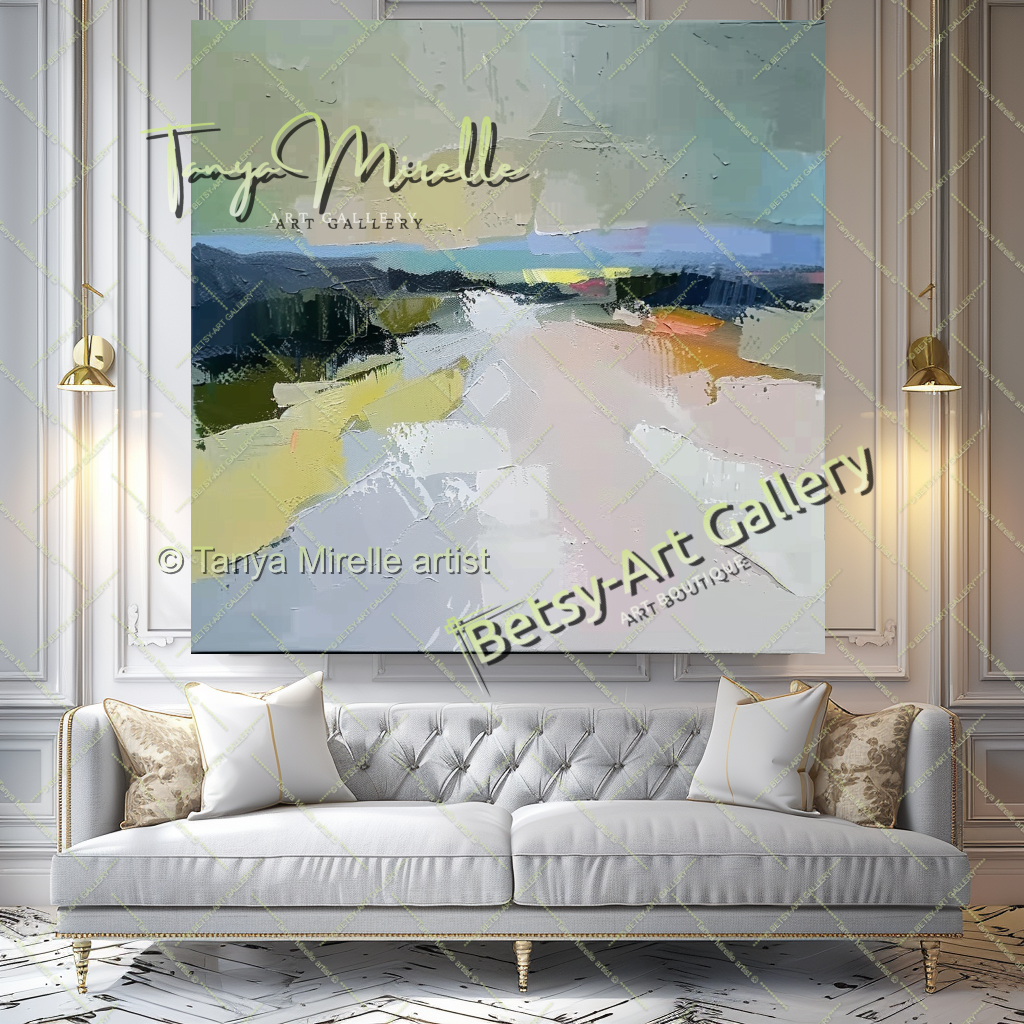 Neutral Abstract Landscape Painting – Colorful Impasto Canvas Art