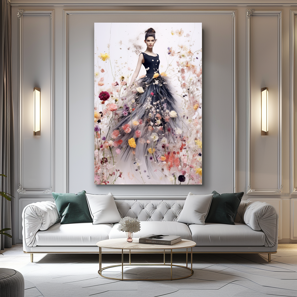 Perfume Floral Woman Art - Blooming Flowers Dress - Chic Home Decor – Large – Oil on Canvas – {{ product.title }} canvas artwork by Tanya Mirelle – modern wall decor – original artwork for home, living room, office, or gallery – original artwork by BETSY-ART GALLERY