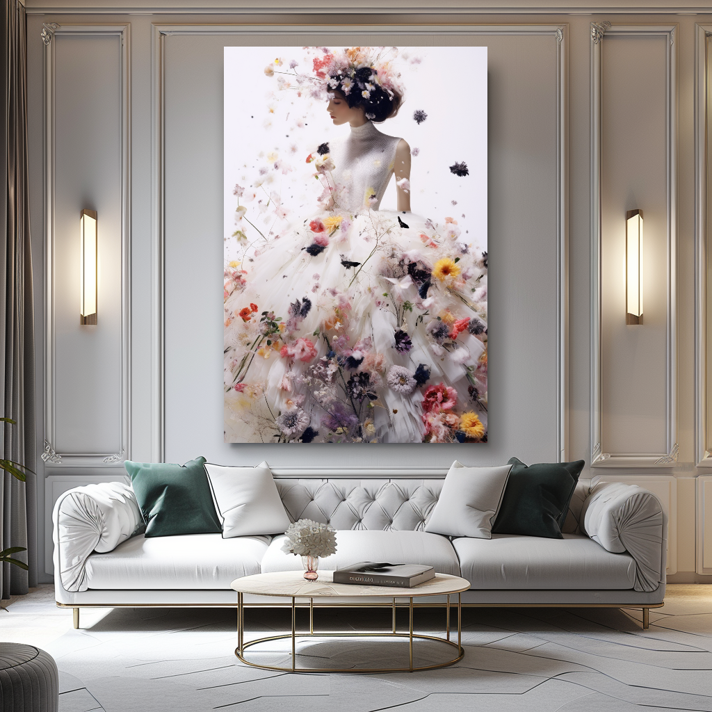 Perfume Floral Woman Art - Blooming Flowers Dress - Chic Home Decor – Large – Oil on Canvas – {{ product.title }} canvas artwork by Tanya Mirelle – modern wall decor – original artwork for home, living room, office, or gallery – original artwork by BETSY-ART GALLERY