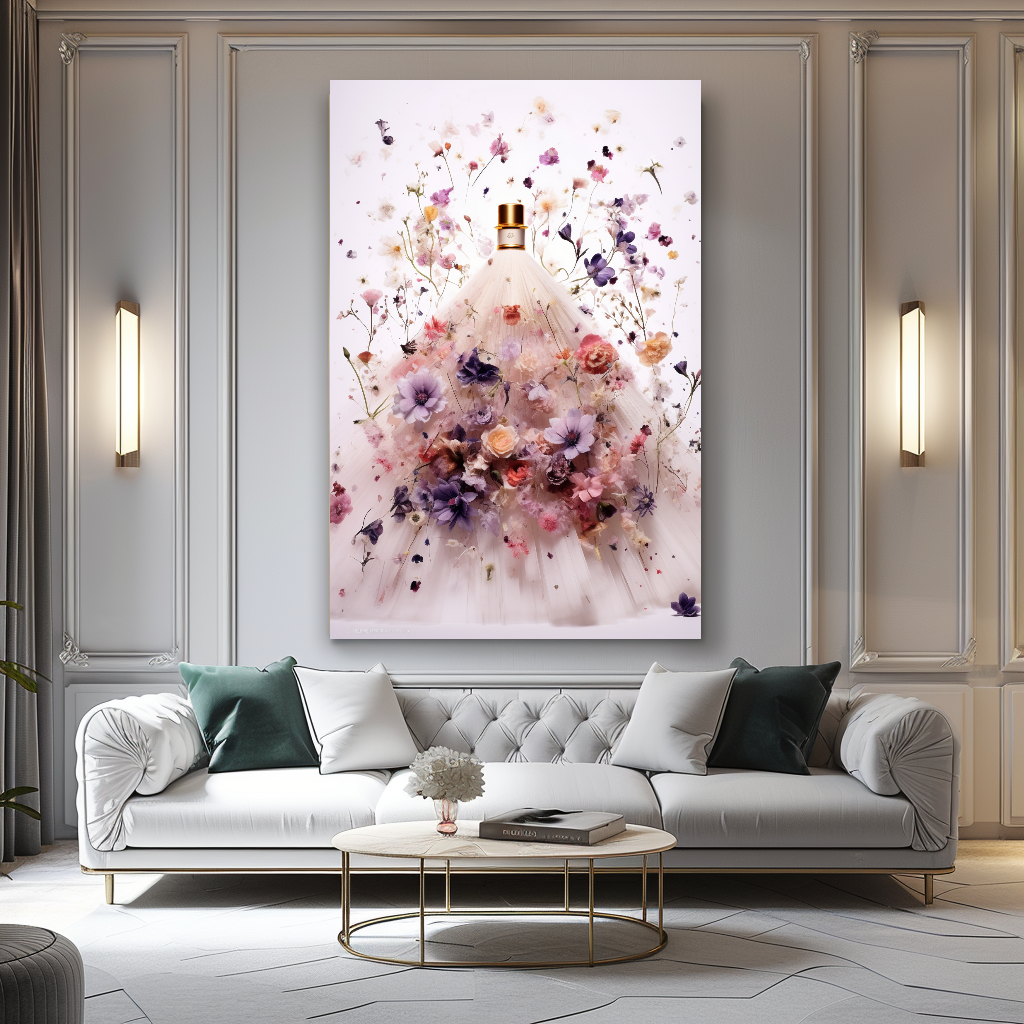 Elegance Floral Perfume Bottle Canvas Print - Luxury Wall Art for Modern Decor – Large – Oil on Canvas – {{ product.title }} canvas artwork by Tanya Mirelle – modern wall decor – original artwork for home, living room, office, or gallery – original artwork by BETSY-ART GALLERY