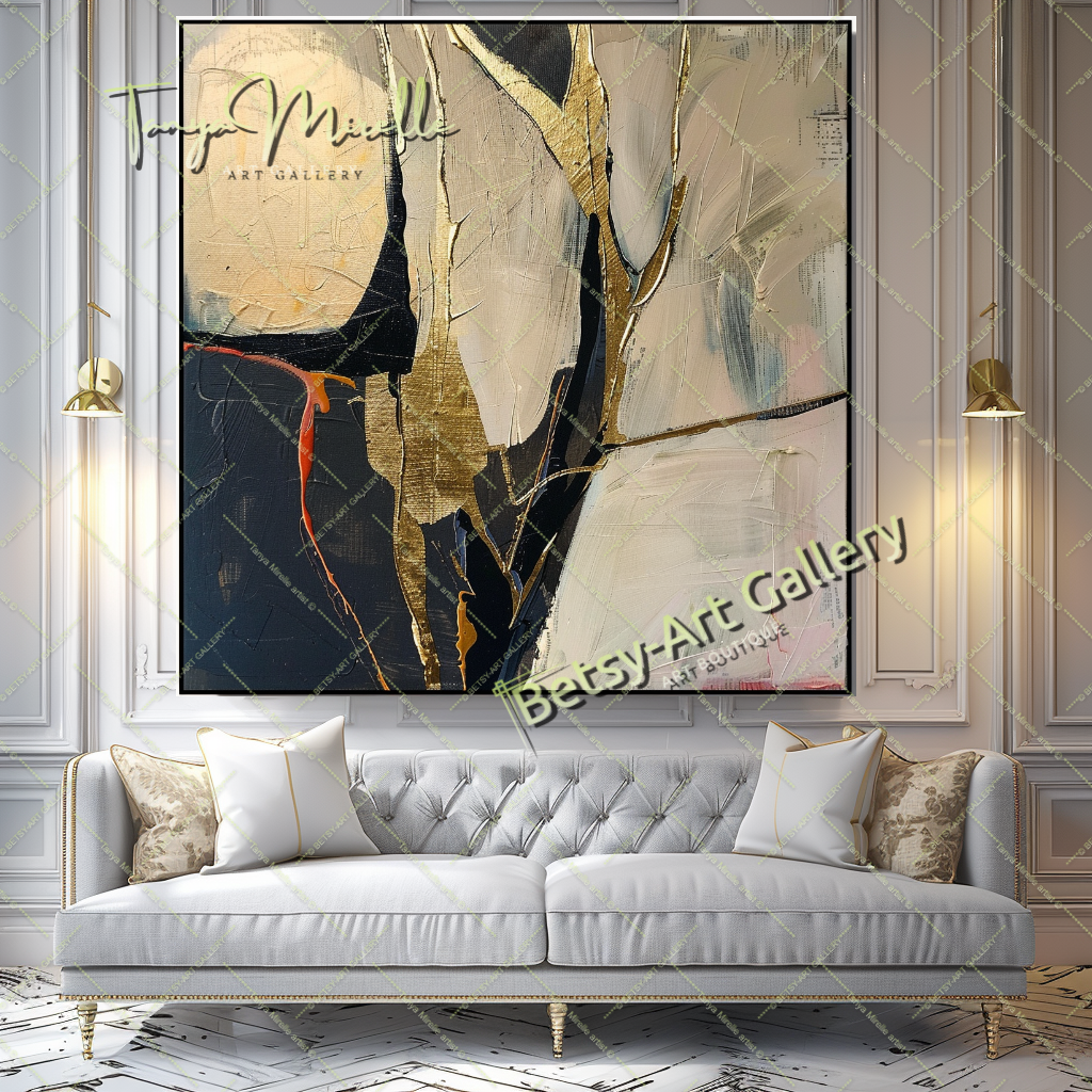 Gold Minimalist Art - Abstract Oil Painting #196 – Large – Oil on Canvas – {{ product.title }} canvas artwork by Tanya Mirelle – modern wall decor – original artwork for home, living room, office, or gallery – original artwork by BETSY-ART GALLERY