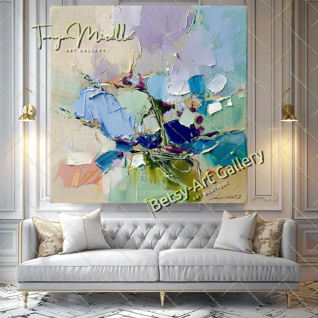 Contemporary Oil Painting, Blue Floral Abstract Art #199