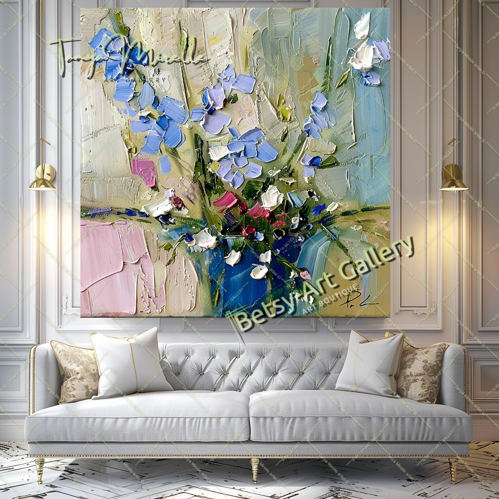Contemporary Oil Painting, Blue Floral Abstract Art #199