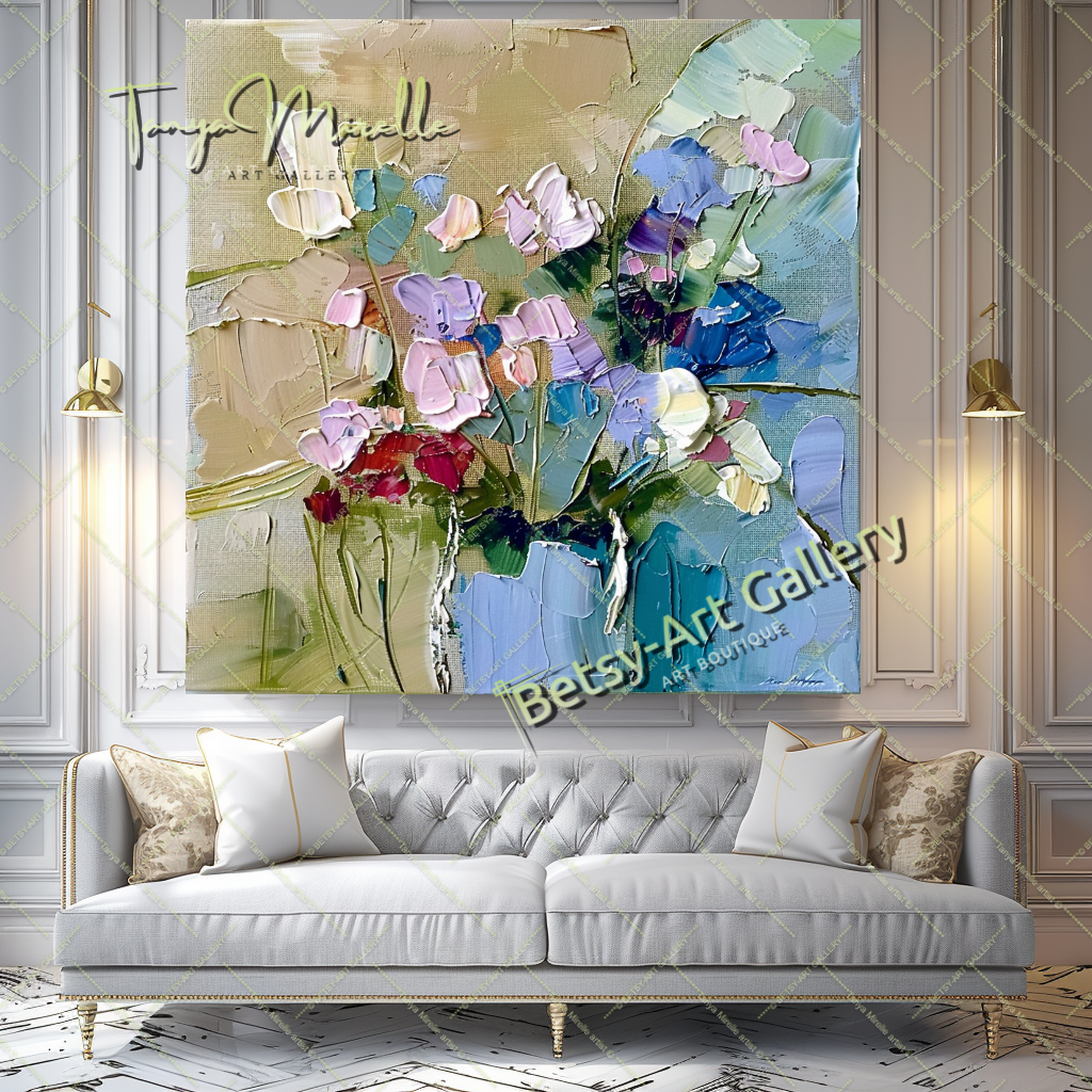 Contemporary Oil Painting, Blue Floral Abstract Art #199 – Large – Oil on Canvas – {{ product.title }} canvas artwork by Tanya Mirelle – modern wall decor – original artwork for home, living room, office, or gallery – original artwork by BETSY-ART GALLERY