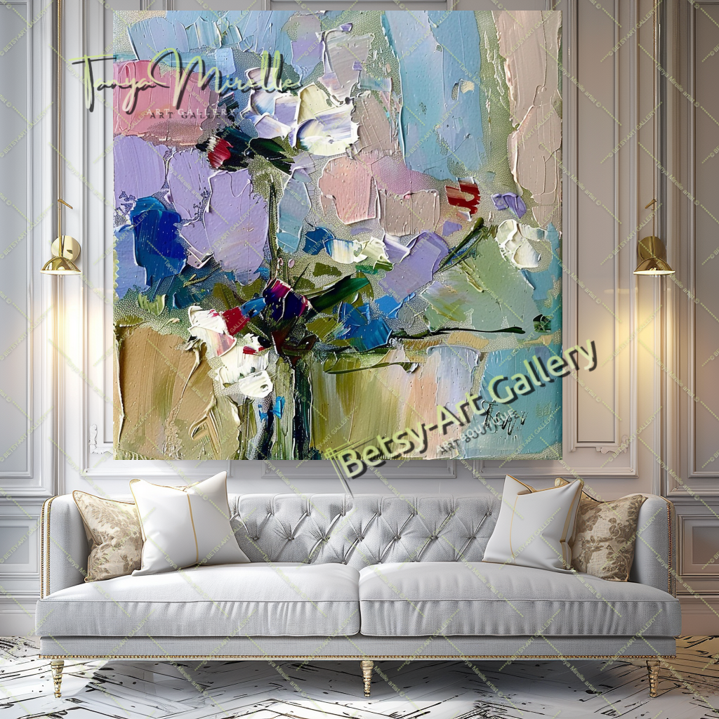 Textured Oil Painting, Blue Floral Abstract Art #200