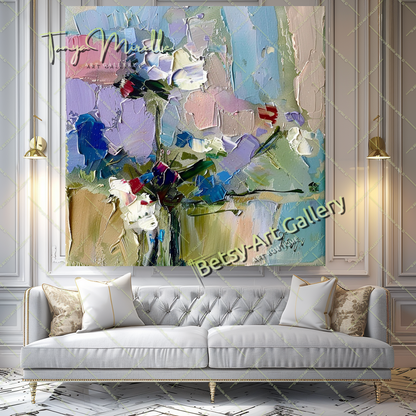 Textured Oil Painting, Blue Floral Abstract Art #200