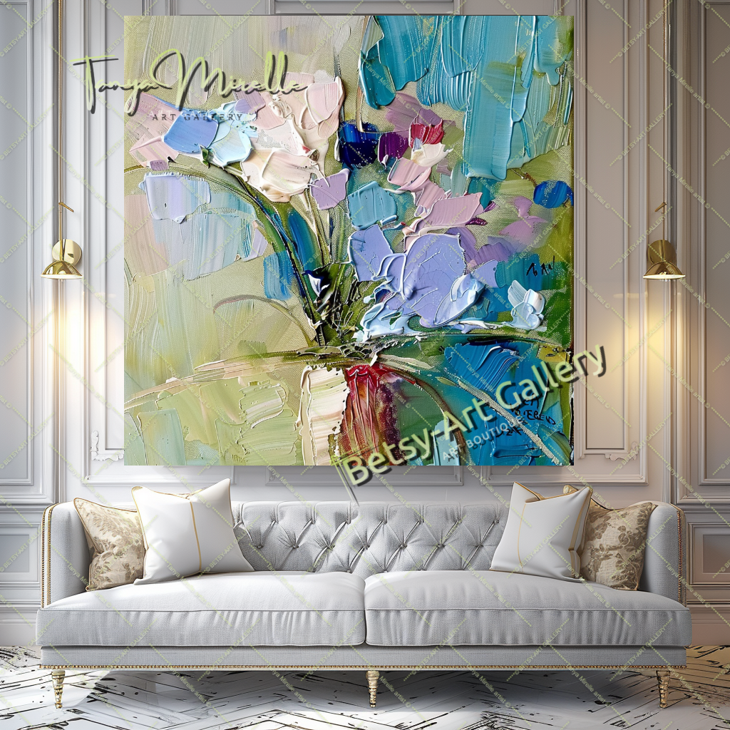Textured Oil Painting, Blue Floral Abstract Art #200