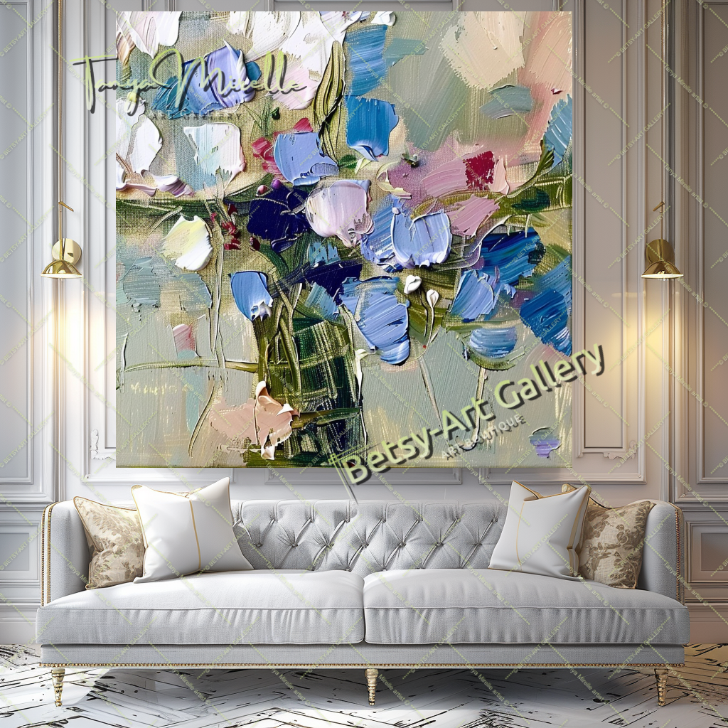 Contemporary Oil Painting, Blue Floral Abstract Art #199