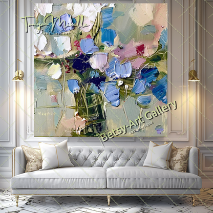 Contemporary Oil Painting, Blue Floral Abstract Art #199