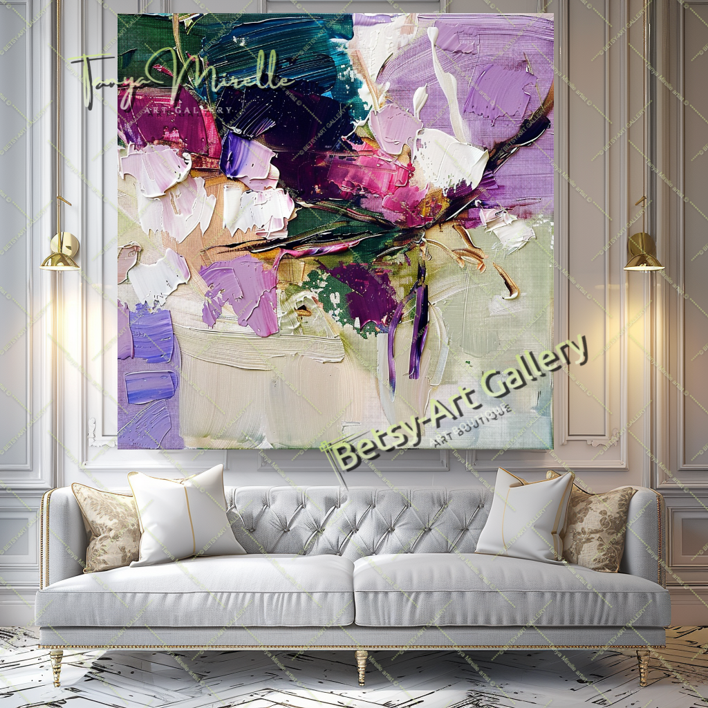 Contemporary Floral Canvas, Colorful Textured Painting #170 – Large – Oil on Canvas – {{ product.title }} canvas artwork by Tanya Mirelle – modern wall decor – original artwork for home, living room, office, or gallery – original artwork by BETSY-ART GALLERY