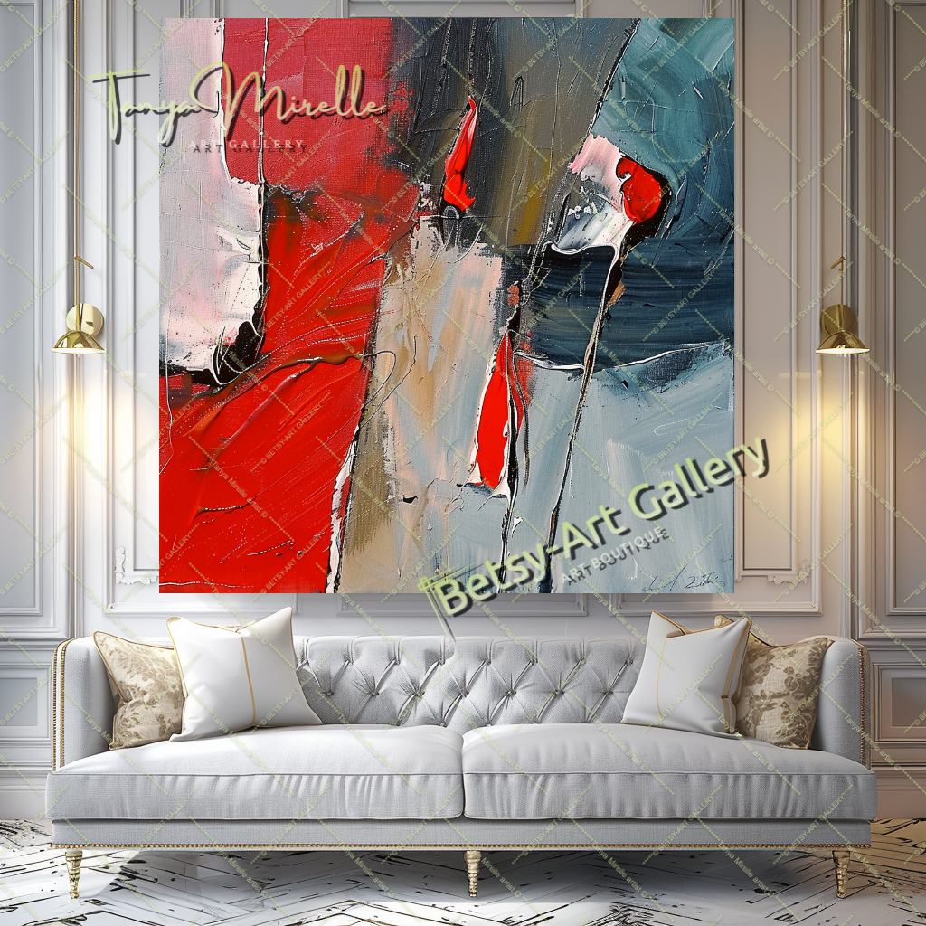 Red and Gray Modern Abstract Oil Painting on Canvas #171 – Large – Oil on Canvas – {{ product.title }} canvas artwork by Tanya Mirelle – modern wall decor – original artwork for home, living room, office, or gallery – original artwork by BETSY-ART GALLERY