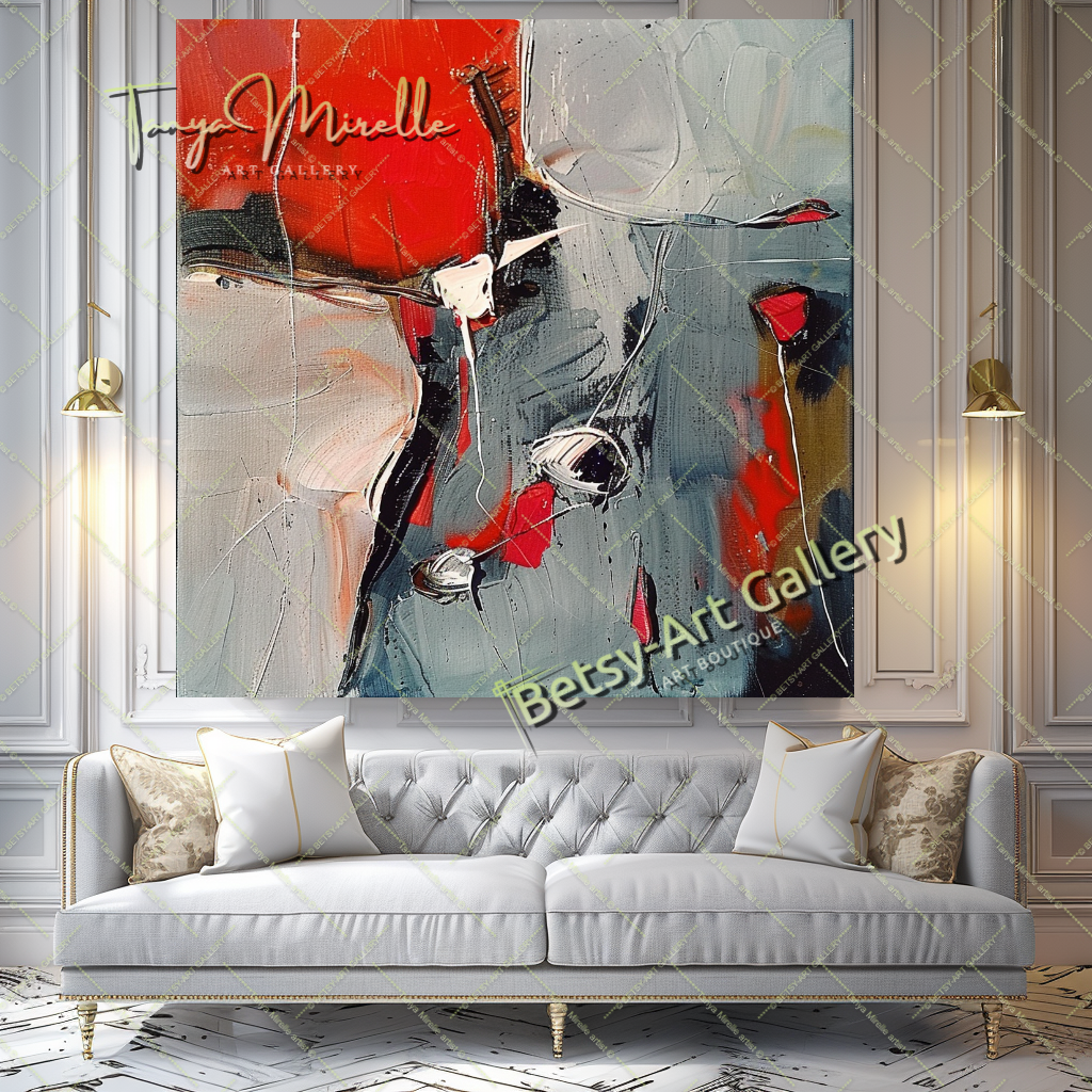 Red and Gray Modern Abstract Oil Painting on Canvas #171 – Large – Oil on Canvas – {{ product.title }} canvas artwork by Tanya Mirelle – modern wall decor – original artwork for home, living room, office, or gallery – original artwork by BETSY-ART GALLERY