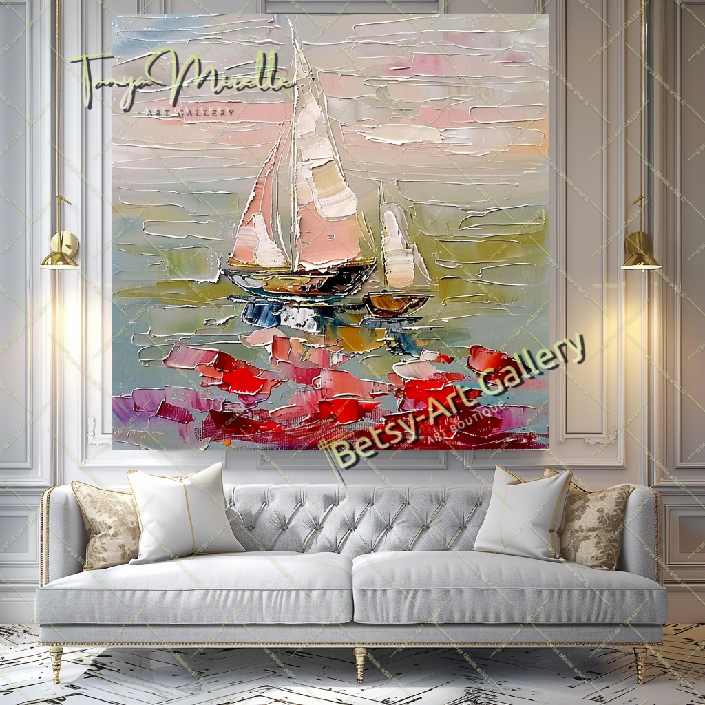 Abstract Sailboat Impasto Oil Painting on Canvas #172 – Large – Oil on Canvas – {{ product.title }} canvas artwork by Tanya Mirelle – modern wall decor – original artwork for home, living room, office, or gallery – original artwork by BETSY-ART GALLERY
