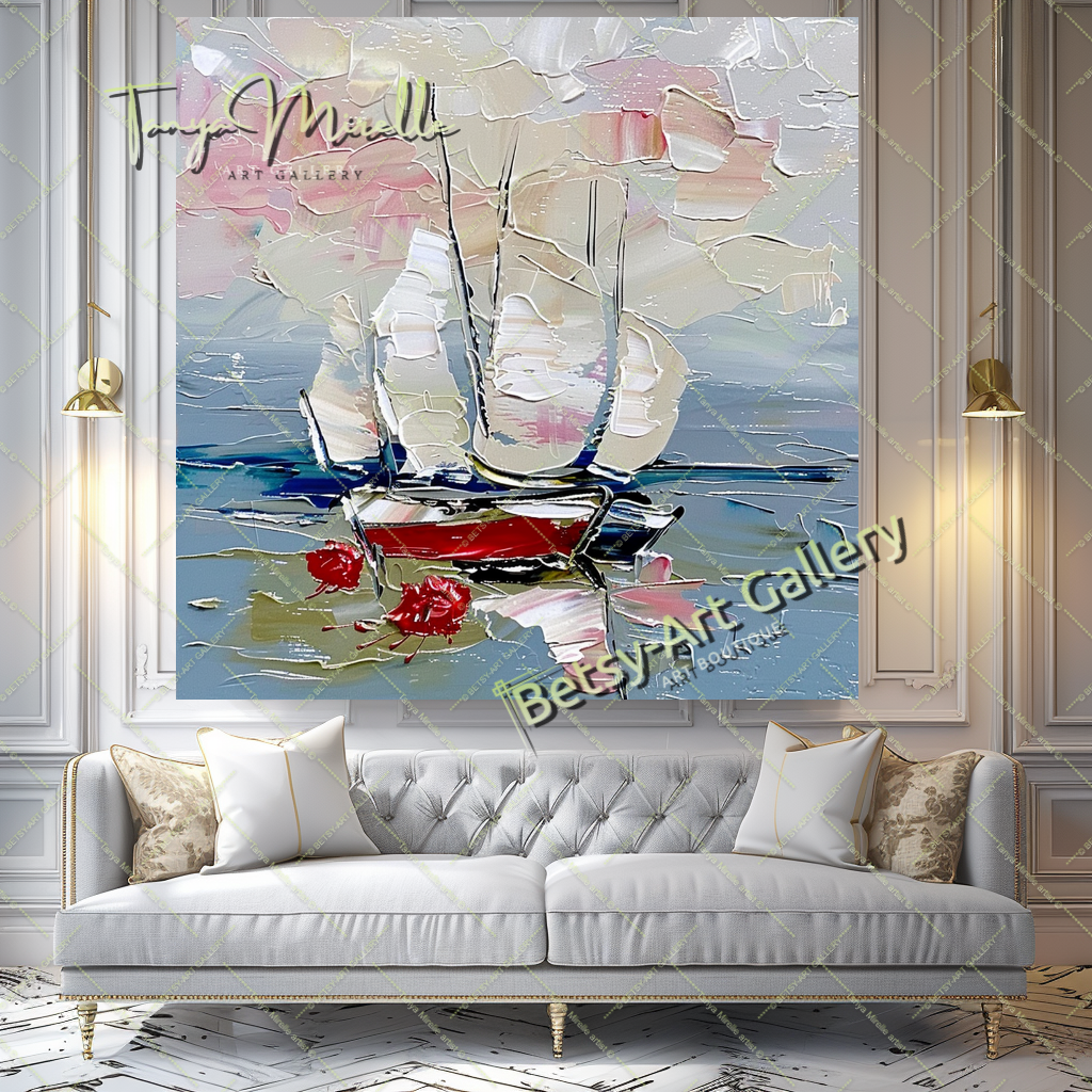 Abstract Sailboat Impasto Oil Painting on Canvas #172 – Large – Oil on Canvas – {{ product.title }} canvas artwork by Tanya Mirelle – modern wall decor – original artwork for home, living room, office, or gallery – original artwork by BETSY-ART GALLERY