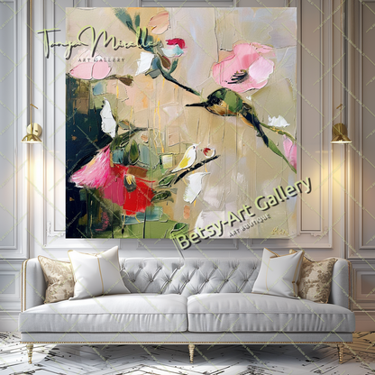 Pink and Green Floral Abstract Oil Painting on Canvas #173