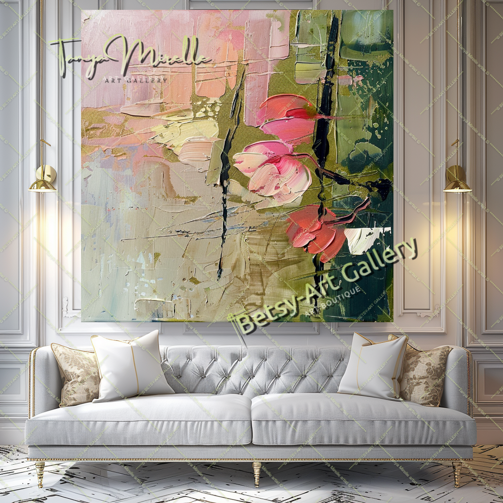 Pink and Green Floral Abstract Oil Painting on Canvas #173 – Large – Oil on Canvas – {{ product.title }} canvas artwork by Tanya Mirelle – modern wall decor – original artwork for home, living room, office, or gallery – original artwork by BETSY-ART GALLERY