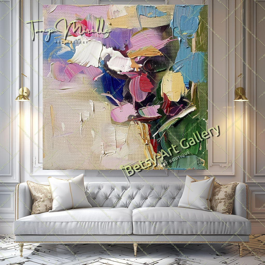 Colorful Bouquet Abstract Impasto Wall Art #180 – Large – Oil on Canvas – {{ product.title }} canvas artwork by Tanya Mirelle – modern wall decor – original artwork for home, living room, office, or gallery – original artwork by BETSY-ART GALLERY