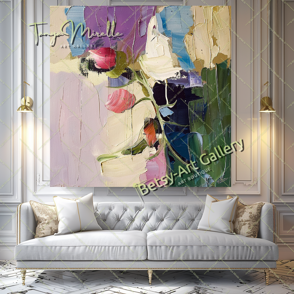 Colorful Bouquet Abstract Impasto Wall Art #180 – Large – Oil on Canvas – {{ product.title }} canvas artwork by Tanya Mirelle – modern wall decor – original artwork for home, living room, office, or gallery – original artwork by BETSY-ART GALLERY