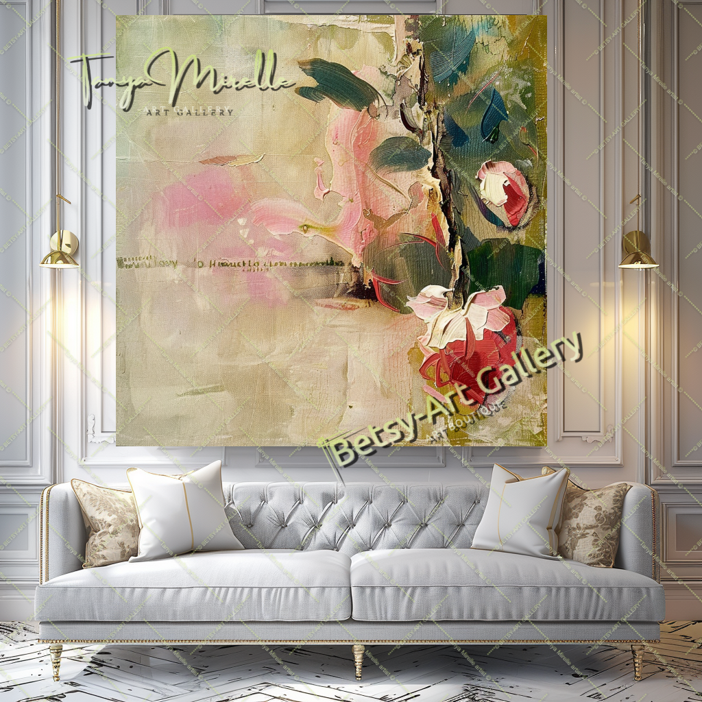 Modern Floral Oil Painting, Romantic Textured Art #183 – Large – Oil on Canvas – {{ product.title }} canvas artwork by Tanya Mirelle – modern wall decor – original artwork for home, living room, office, or gallery – original artwork by BETSY-ART GALLERY
