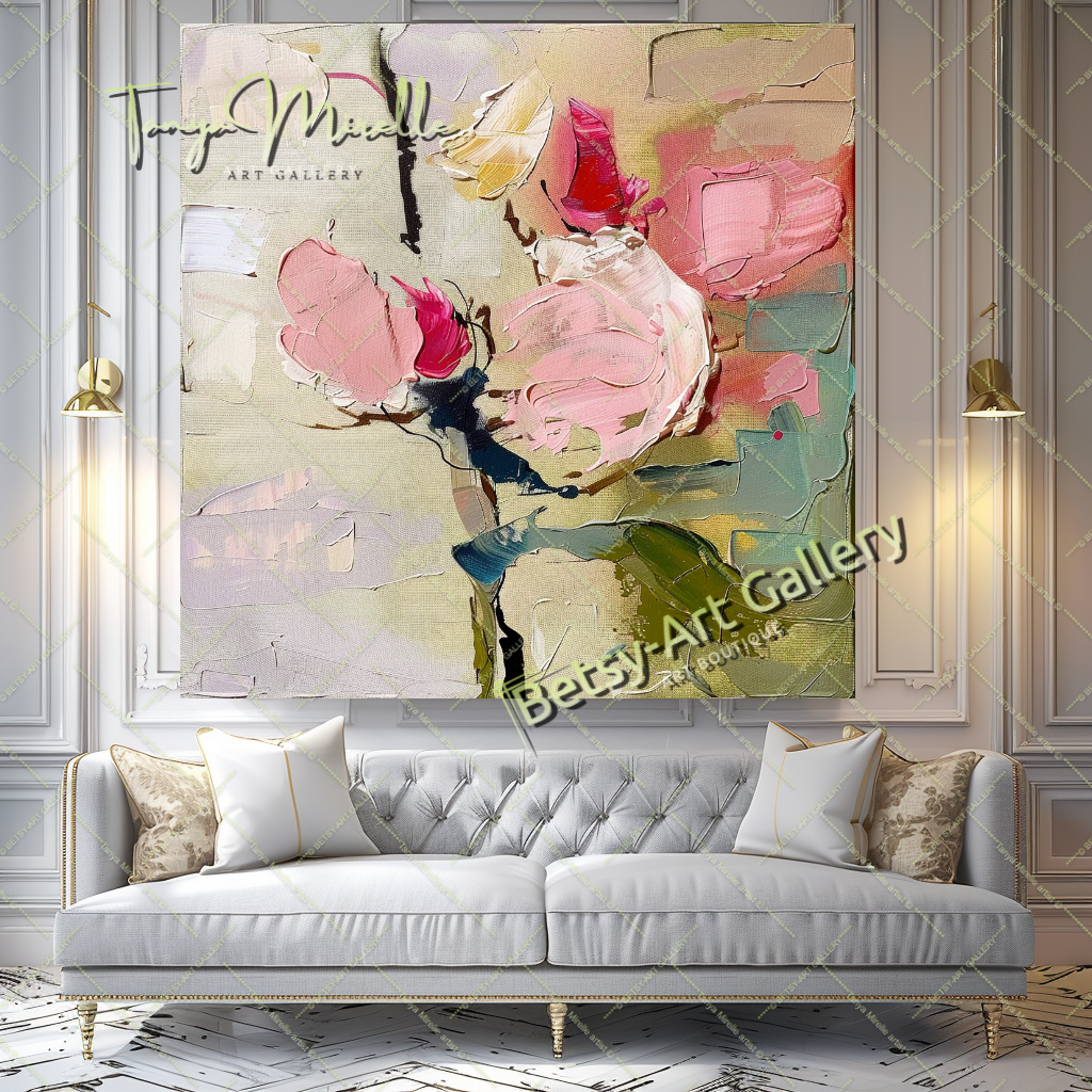 Modern Roses Oil Painting, Romantic Textured Art #184 – Large – Oil on Canvas – {{ product.title }} canvas artwork by Tanya Mirelle – modern wall decor – original artwork for home, living room, office, or gallery – original artwork by BETSY-ART GALLERY