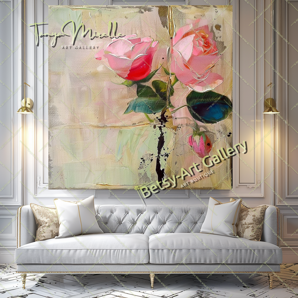 Modern Roses Oil Painting, Romantic Textured Art #184 – Large – Oil on Canvas – {{ product.title }} canvas artwork by Tanya Mirelle – modern wall decor – original artwork for home, living room, office, or gallery – original artwork by BETSY-ART GALLERY