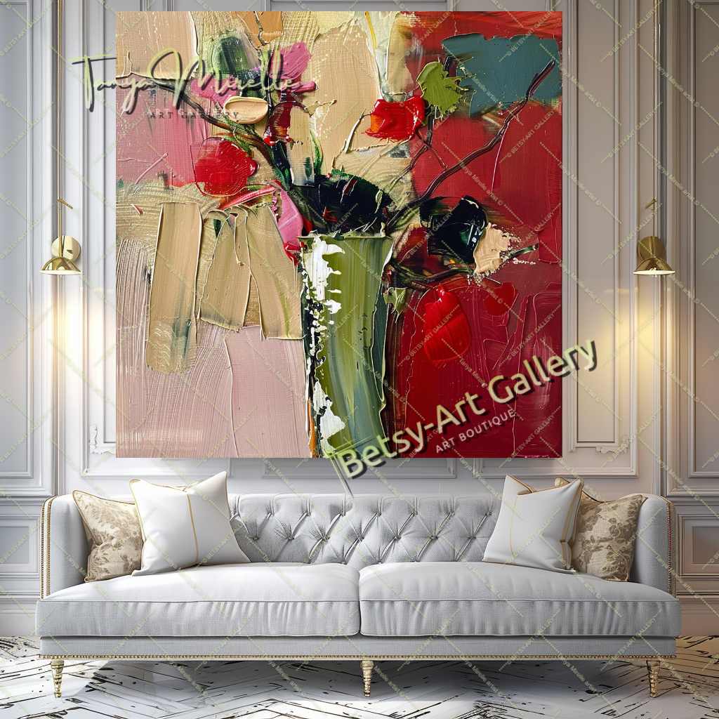 Red Abstract Floral Oil Painting on Canvas #187 – Large – Oil on Canvas – {{ product.title }} canvas artwork by Tanya Mirelle – modern wall decor – original artwork for home, living room, office, or gallery – original artwork by BETSY-ART GALLERY