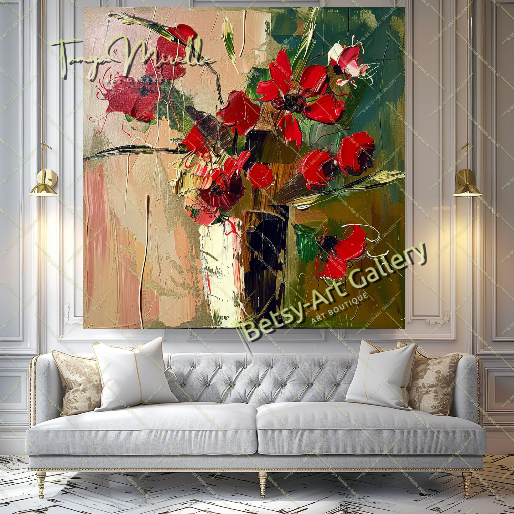 Red Abstract Floral Oil Painting on Canvas #187 – Large – Oil on Canvas – {{ product.title }} canvas artwork by Tanya Mirelle – modern wall decor – original artwork for home, living room, office, or gallery – original artwork by BETSY-ART GALLERY