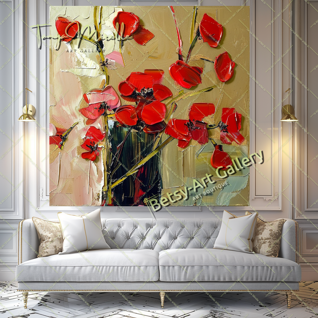 Red Abstract Floral Oil Painting on Canvas #187 – Large – Oil on Canvas – {{ product.title }} canvas artwork by Tanya Mirelle – modern wall decor – original artwork for home, living room, office, or gallery – original artwork by BETSY-ART GALLERY