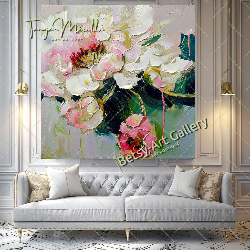 Elegant Abstract Flower Wall Art, Oil Impasto Painting #189 – Large – Oil on Canvas – {{ product.title }} canvas artwork by Tanya Mirelle – modern wall decor – original artwork for home, living room, office, or gallery – original artwork by BETSY-ART GALLERY