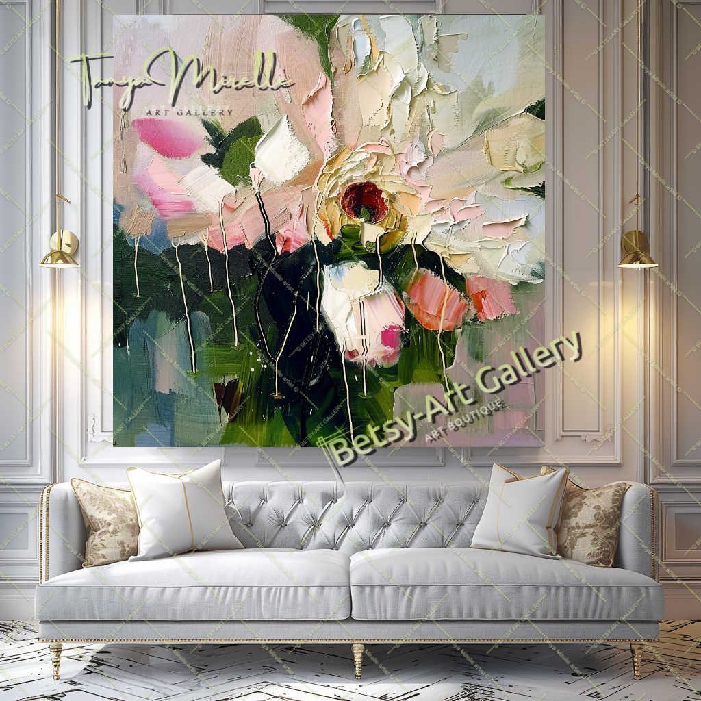 Elegant Abstract Flower Wall Art, Oil Impasto Painting #189 – Large – Oil on Canvas – {{ product.title }} canvas artwork by Tanya Mirelle – modern wall decor – original artwork for home, living room, office, or gallery – original artwork by BETSY-ART GALLERY