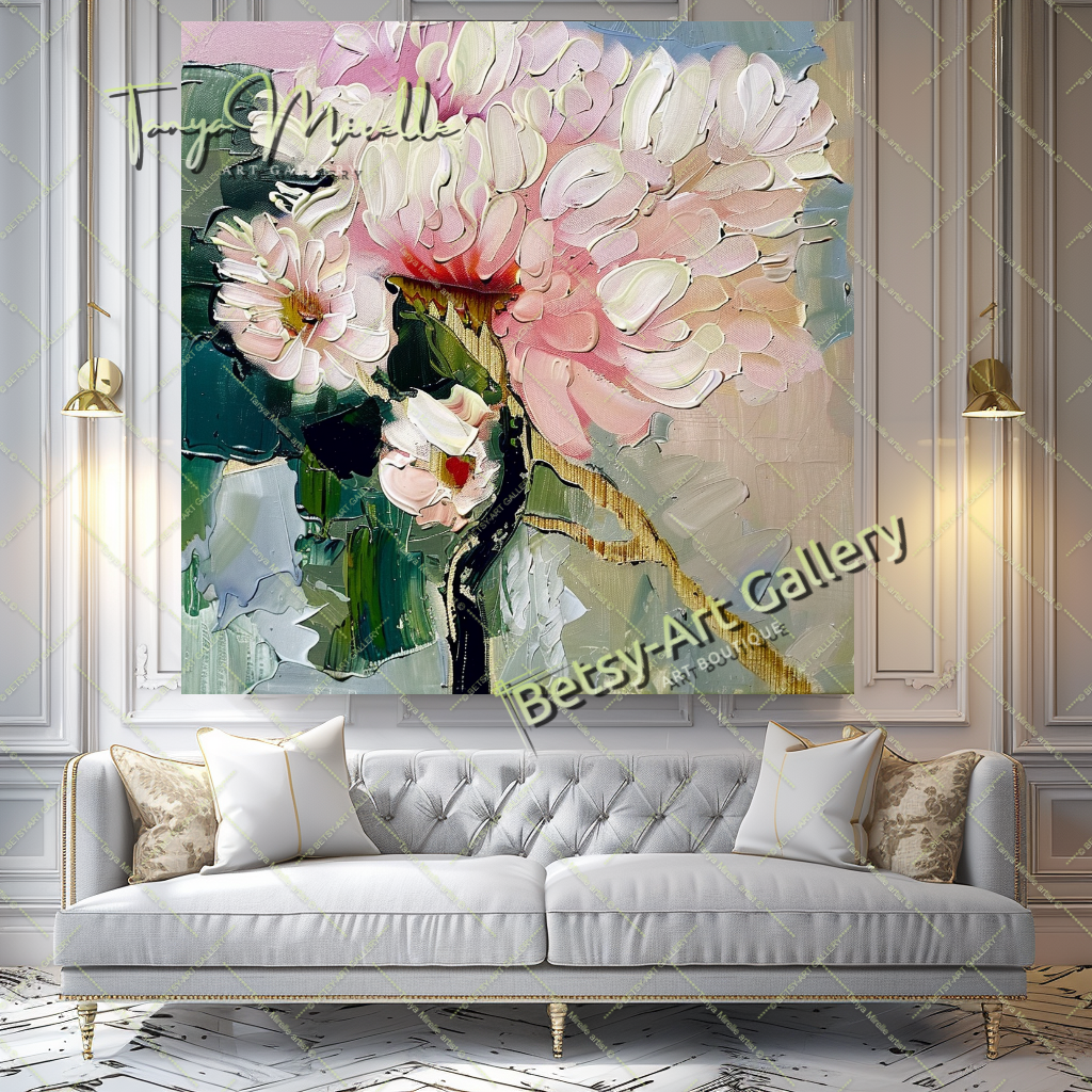 Elegant Abstract Flower Wall Art, Oil Impasto Painting #189 – Large – Oil on Canvas – {{ product.title }} canvas artwork by Tanya Mirelle – modern wall decor – original artwork for home, living room, office, or gallery – original artwork by BETSY-ART GALLERY