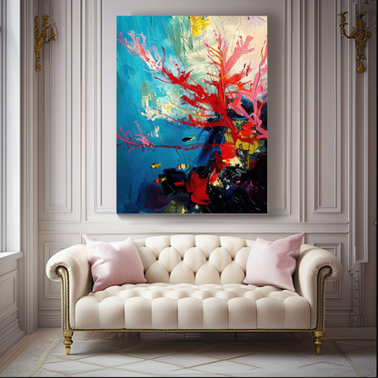Red Coral Underwater Art, Abstract Impasto Oil Painting on Canvas - Colorful Modern Wall Art for Living room