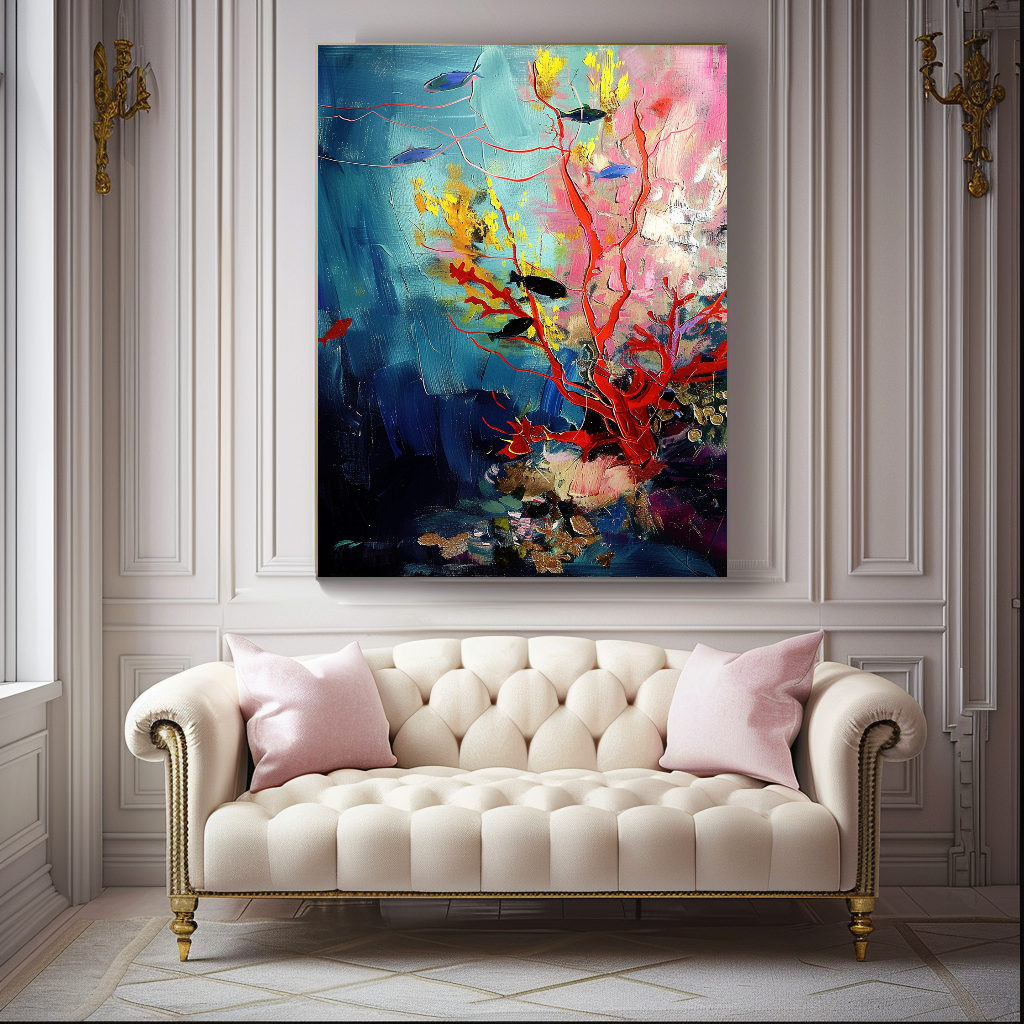 Red Coral Underwater Art, Abstract Impasto Oil Painting on Canvas - Colorful Modern Wall Art for Living room