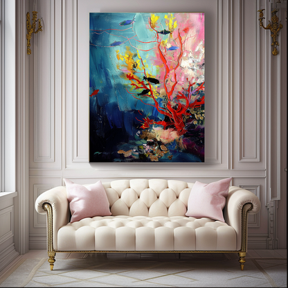 Red Coral Underwater Art, Abstract Impasto Oil Painting on Canvas - Colorful Modern Wall Art for Living room
