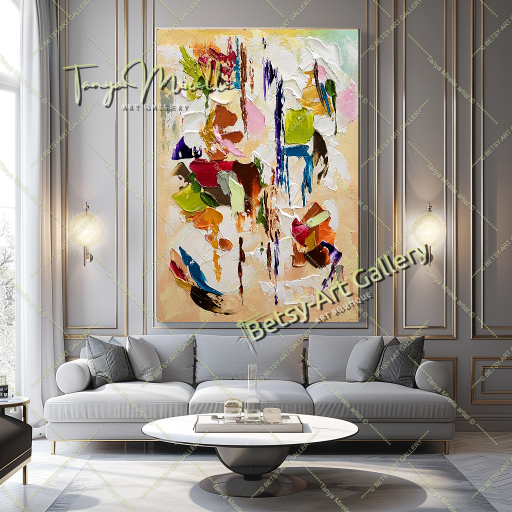 Modern Abstract Painting for Living Room - Colorful Oil Impasto Wall Art on Canvas
