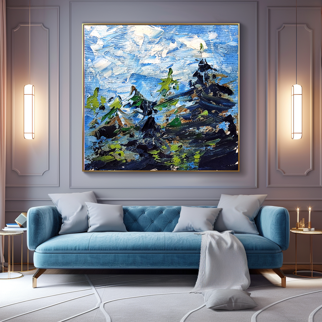 Modern Abstract Wall Art for living room, Blue Landscape Art, Impasto Oil Painting on Canvas