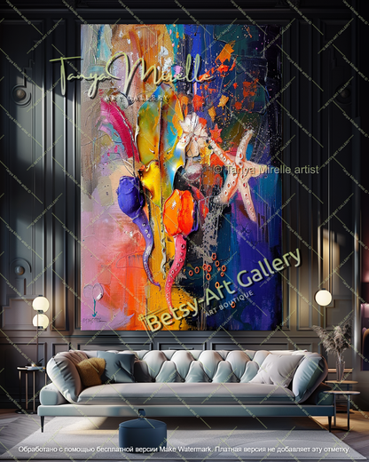 Colorful Underwater Flowers Painting Abstract Modern Art Textured Canvas