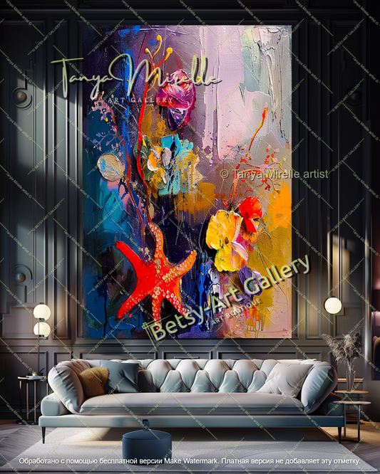 Colorful Underwater Flowers Painting Abstract Modern Art Textured Canvas