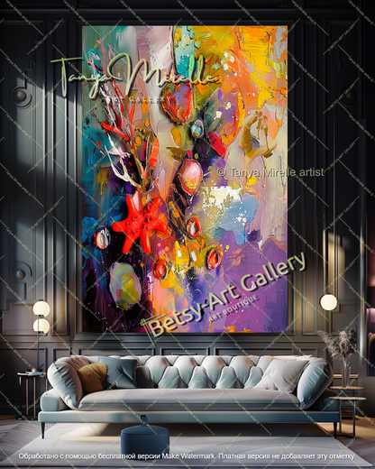 Colorful Underwater Flowers Painting Abstract Modern Art Textured Canvas