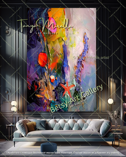 Textured Underwater Floral Wall Art Modern Oversized Canvas
