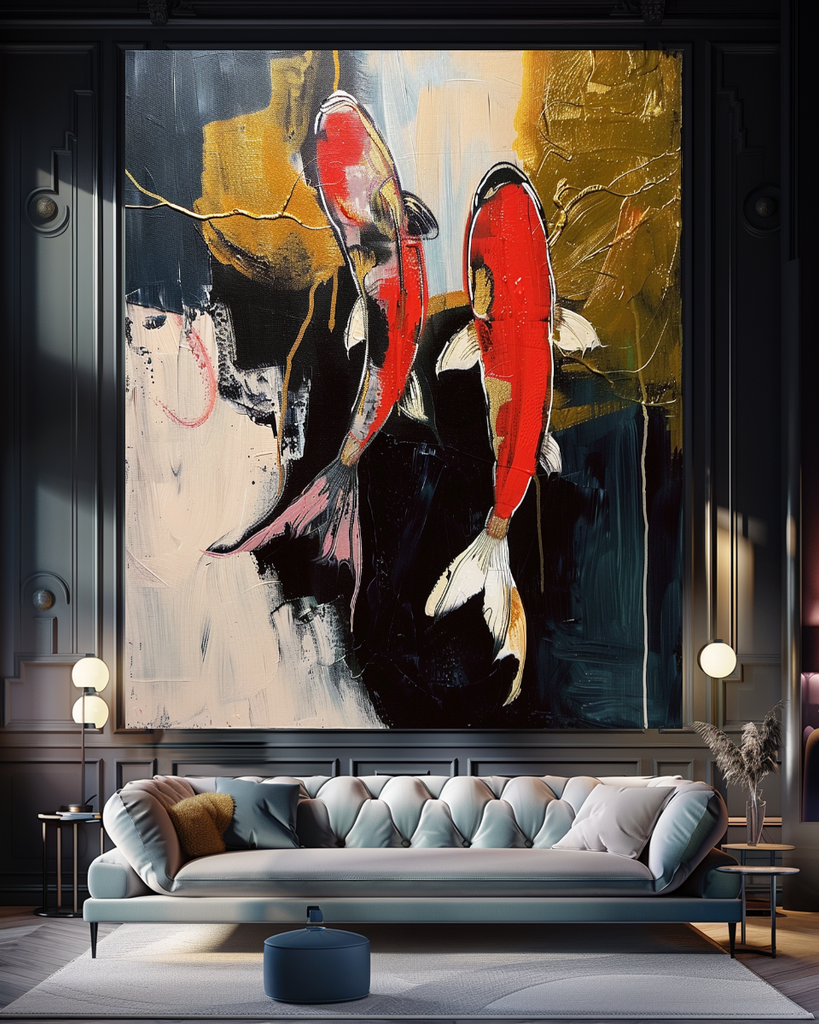 Abstract Koi Fish Impasto Oil Painting – Modern Textured Canvas Art for Living Room – Large – Oil on Canvas – {{ product.title }} canvas artwork by Tanya Mirelle – modern wall decor – original artwork for home, living room, office, or gallery – original artwork by BETSY-ART GALLERY