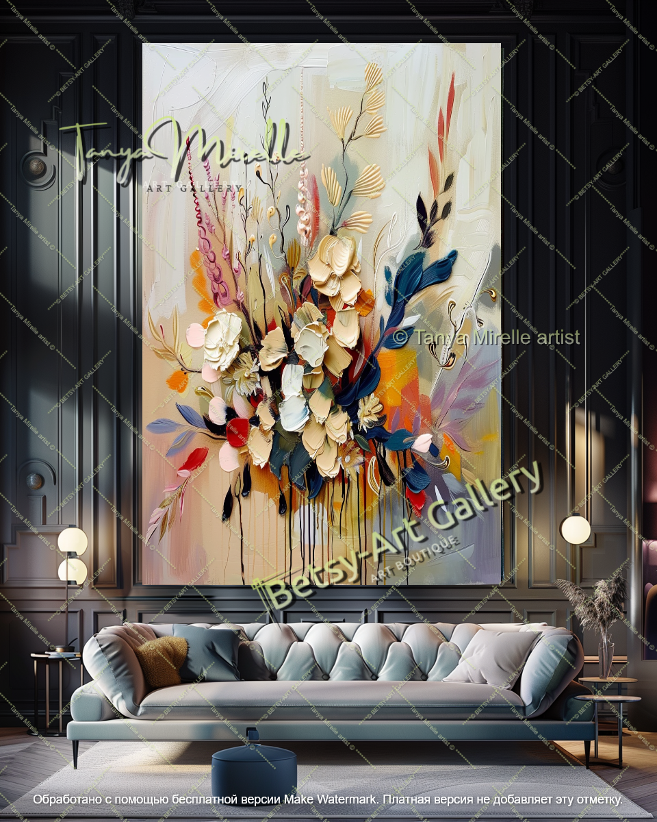 Large Abstract Floral Painting Modern Decor