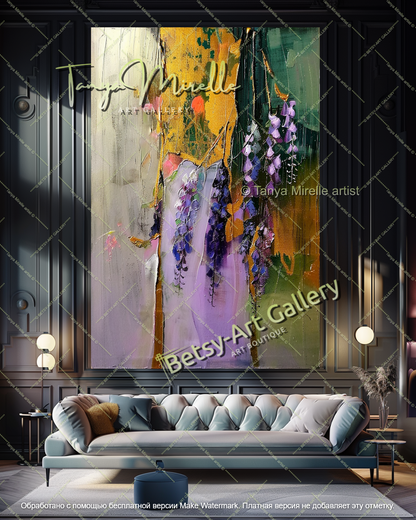 Textured Wisteria Flowers Oil Painting Large Wall Art