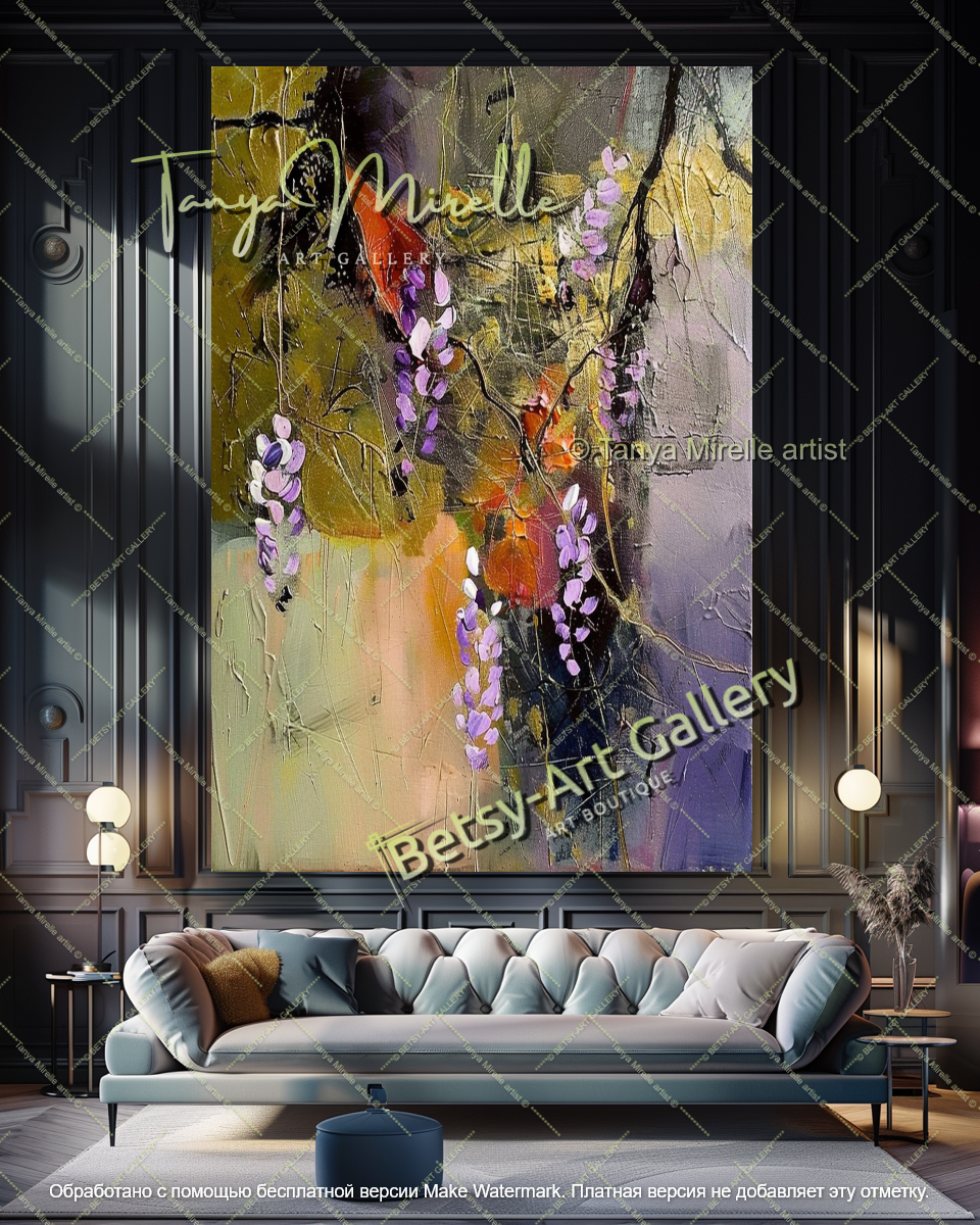 Textured Wisteria Flowers Oil Painting Large Wall Art