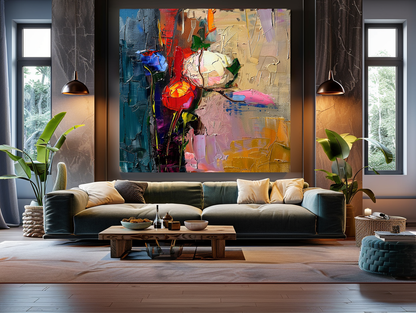 Floral Abstract Impasto Oil Painting on Canvas - Vibrant Modern Wall Art for Living room