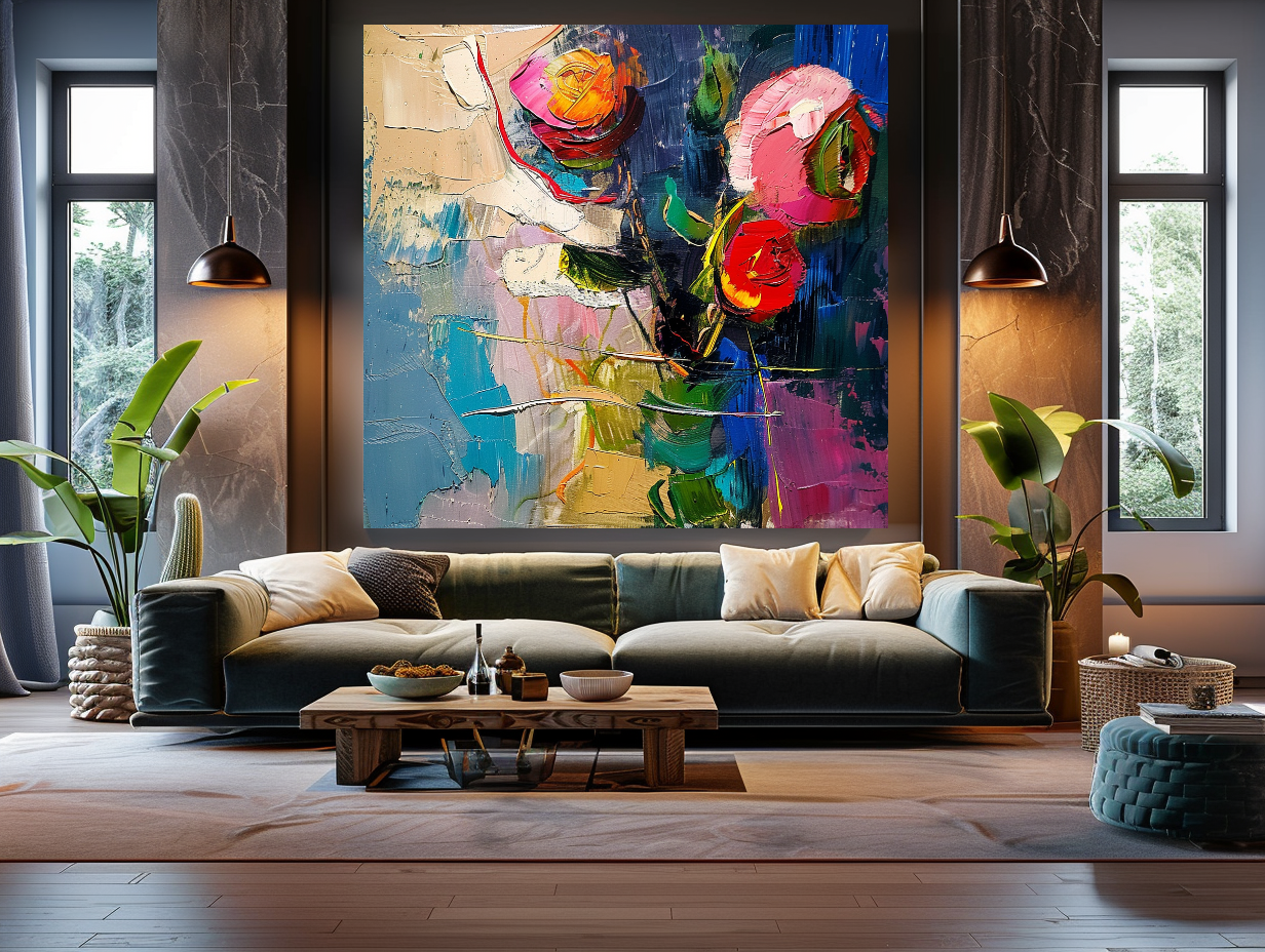 Floral Abstract Impasto Oil Painting on Canvas - Vibrant Modern Wall Art for Living room