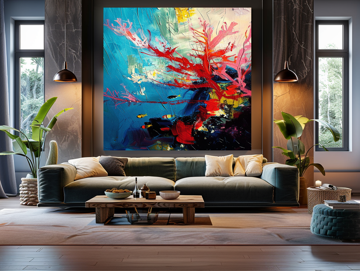 Red Coral Underwater Art, Abstract Impasto Oil Painting on Canvas - Colorful Modern Wall Art for Living room