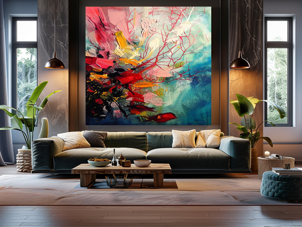 Red Coral Underwater Art, Abstract Impasto Oil Painting on Canvas - Colorful Modern Wall Art for Living room
